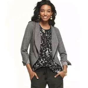 CAbi #3556 Gray Rebel Motto Asymmetrical Zip Up Ponte Knit Jacket Size Medium.